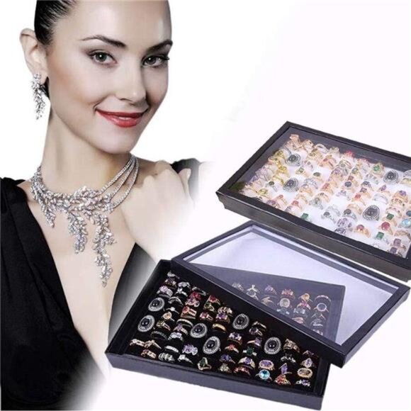 Jewelry Rings Display Tray, Velvet 100 Slot Case Box Jewelry Storage Box - Picture 6 of 7